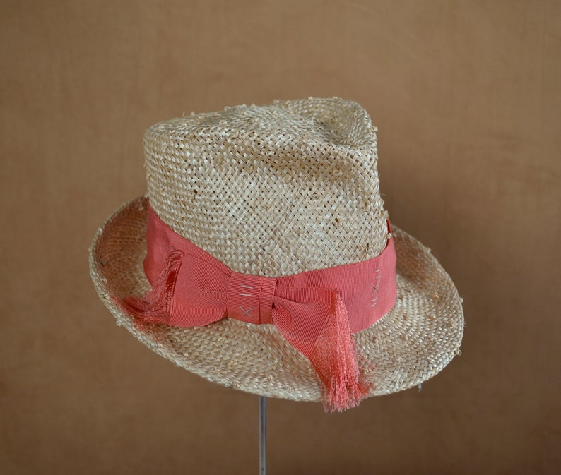 Fedora Hat Summer Hat Kentucky Derby Hat Sun Hat Knot Straw Fedora Hat with Coral Petersham Ribbon Elegant Hat Straw Fedora Hat