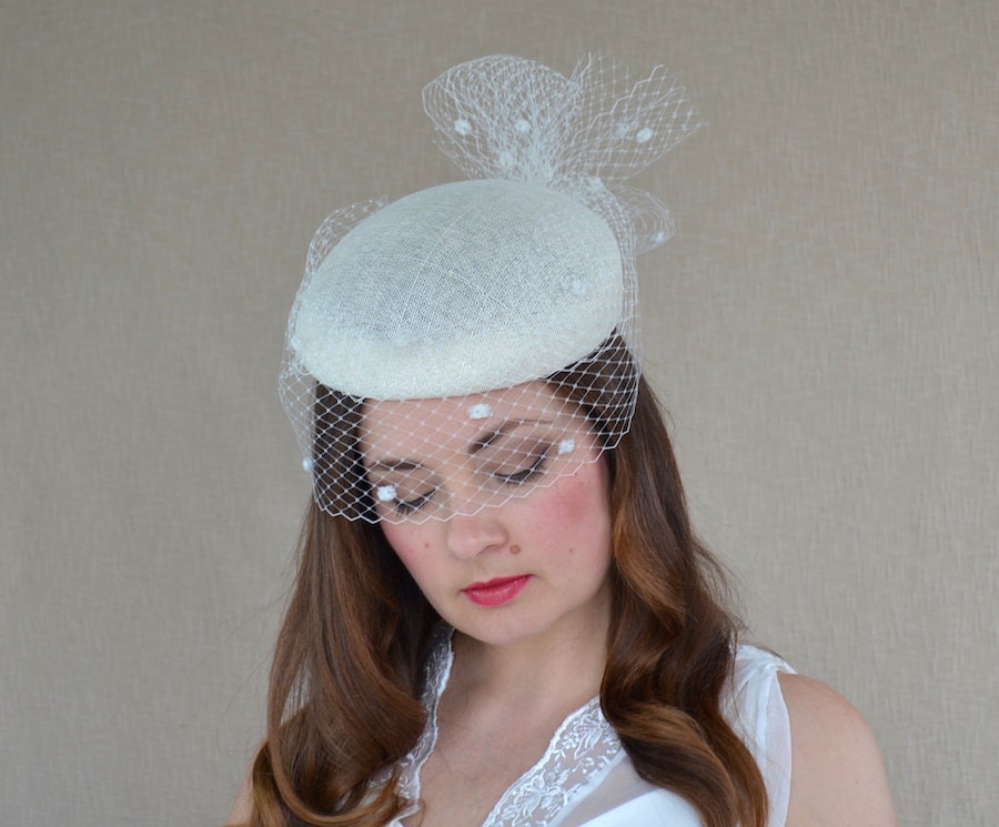 Ivory Pillbox Hat with Birdcage Veil Cream Fascinator Etsy