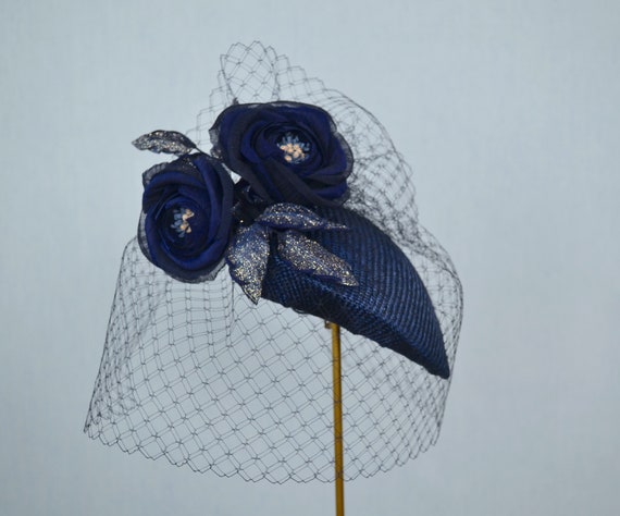 BELLINDA - Navy Blue Pillbox Hat With Vintage Birdcage Veil and