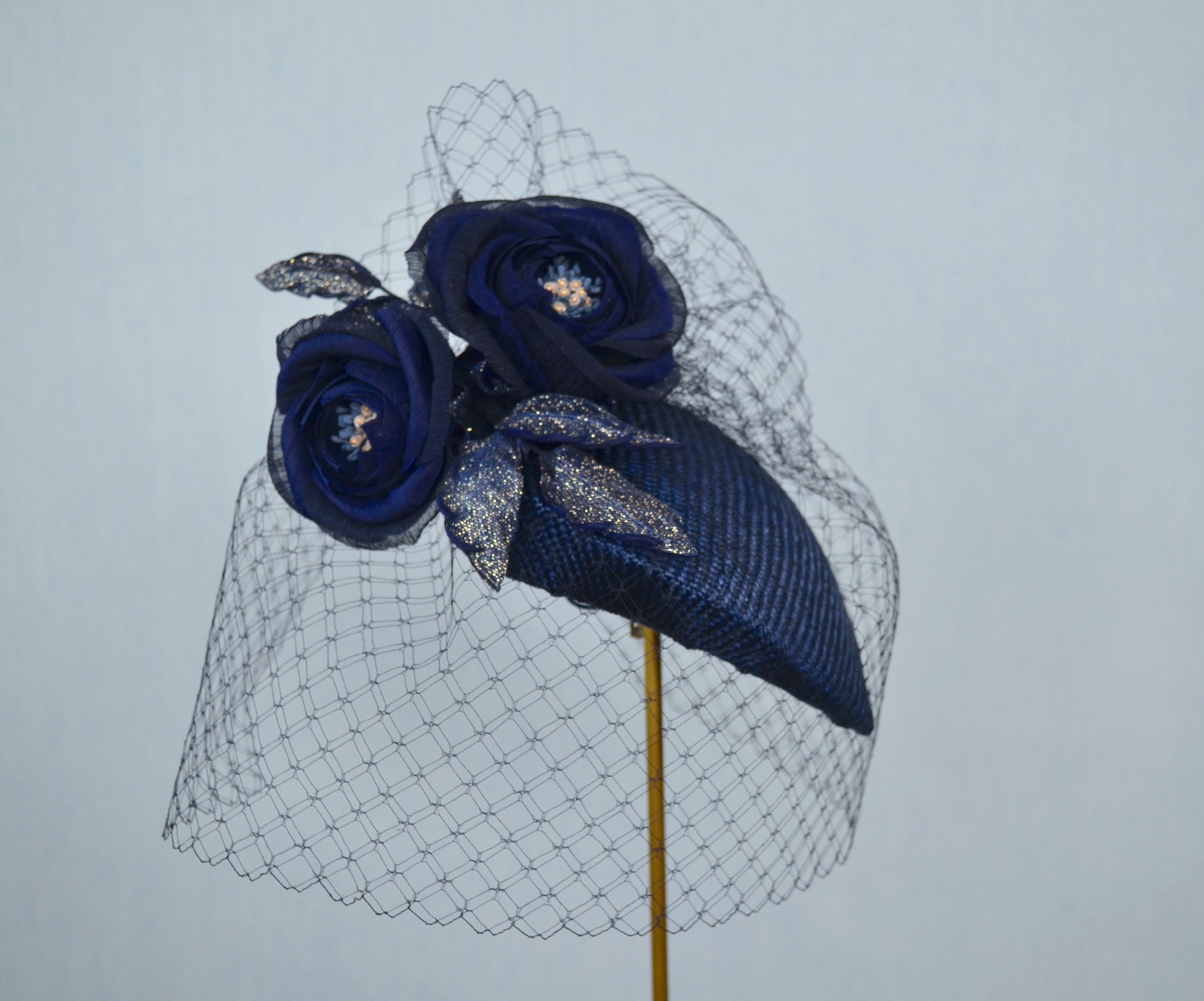 BELLINDA - Navy Blue Pillbox Hat With Vintage Birdcage Veil and