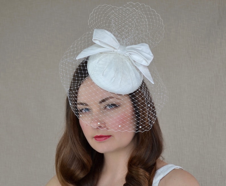 Bridal Pillbox Hat with Birdcage Veil and Bow White Bridal Etsy