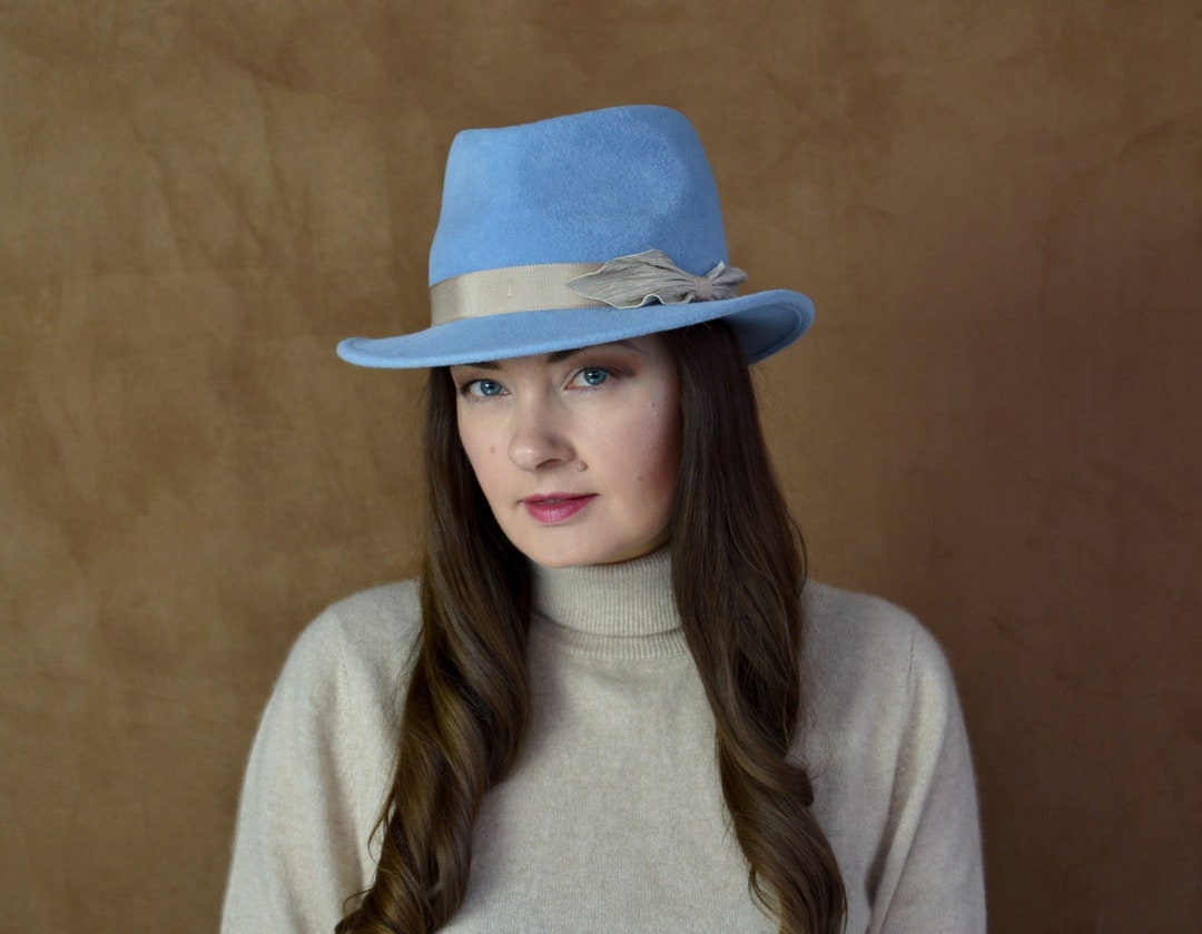 Light Blue Felt Fedora Hat With Leather Bow Women's Fedora Hat Fedora