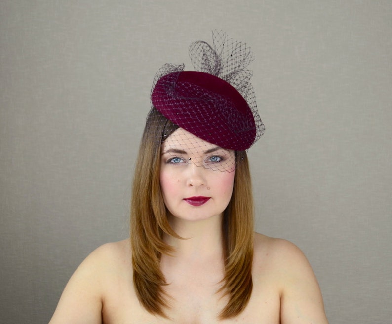 Burgundy Pillbox Hat With Birdcage Veil Red Wine Fascinator Etsy