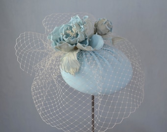 Baby Blue and Champagne Pillbox Hat with Silk Rose and Birdcage Veil  - Baby Blue Cocktail Hat - Blue Pillbox Hat - Baby Blue Silk Hat