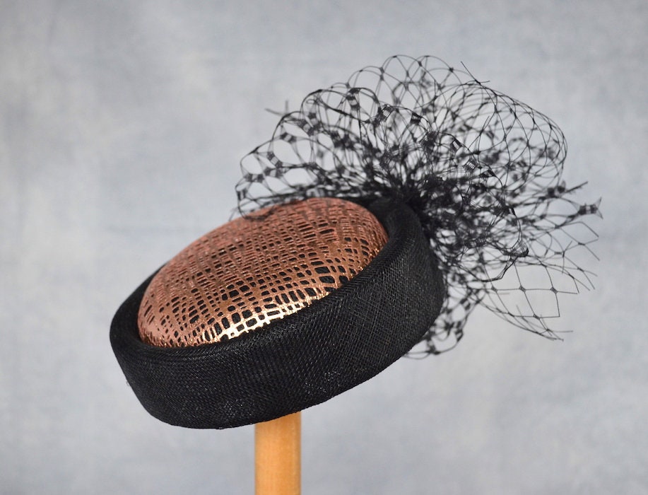Black Pillbox Hat with Rose Gold Leather Lace and Birdcage Etsy