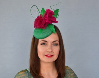 SIENA - Emerald Green Straw Pillbox Hat with Pink Silk Flowers - Green Fascinator - Green Pillbox Hat - Green Cocktail Hat - Green Hat