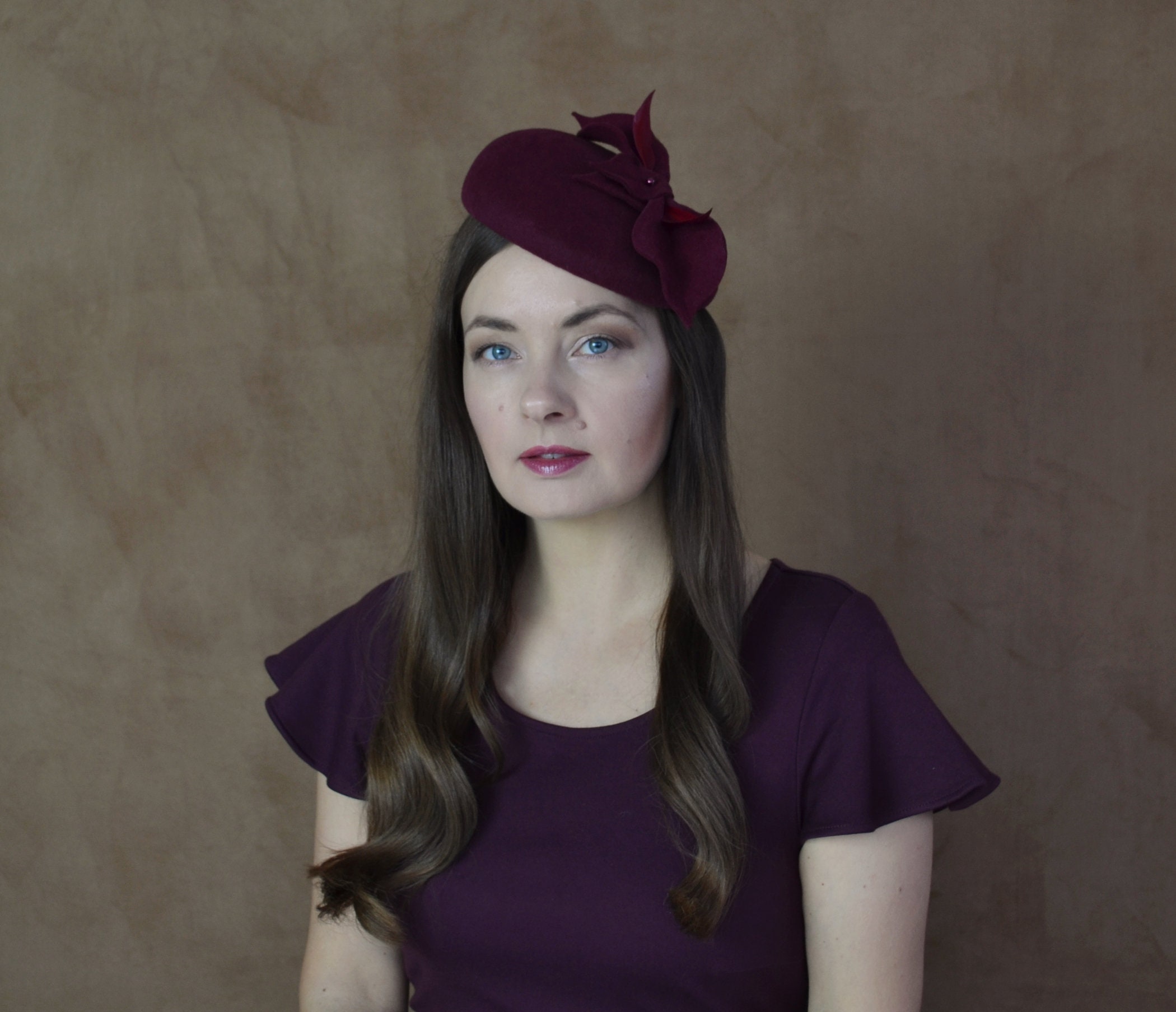 Elegant Burgundy Women\'s Pillbox hat Burgundy Pillbox Hat/ Vintage Style Winter Hat for Formal  main image 2
