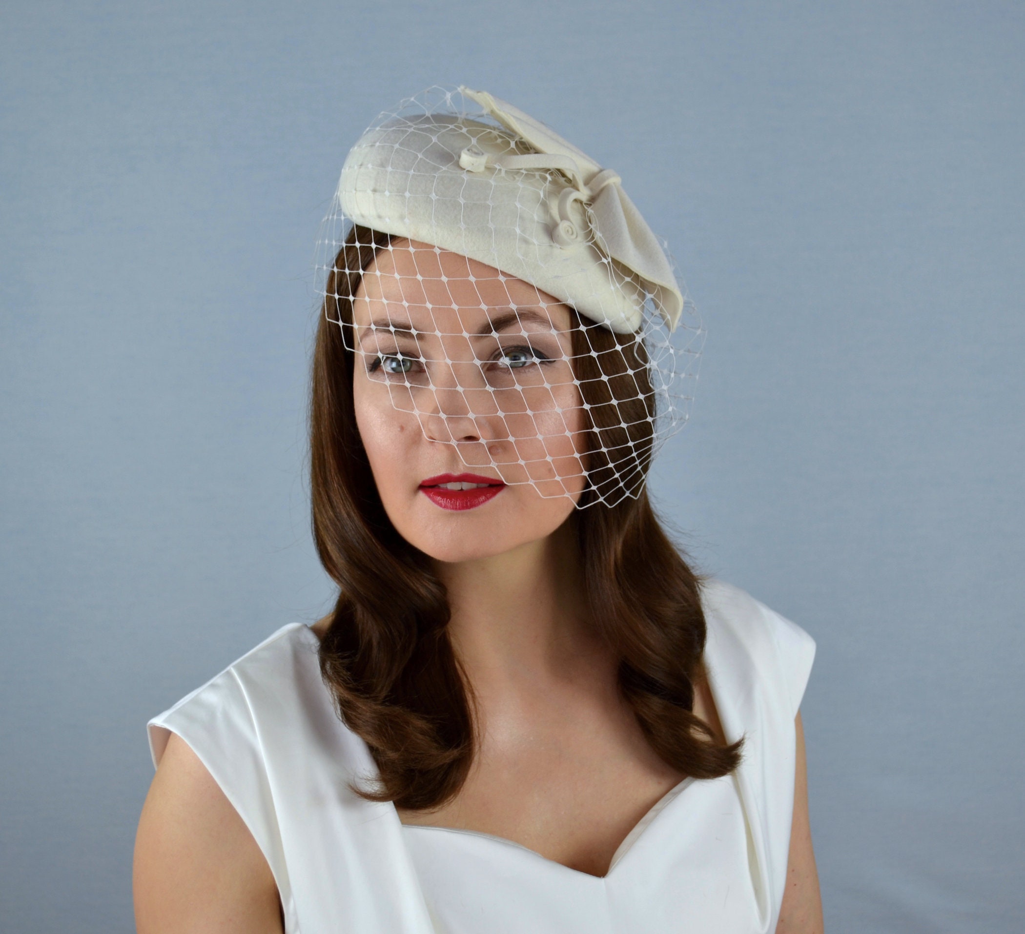 Grey Cocktail Hat w/veil Powder Pink Cocktail Hat with Birdcage Veil - PRISCILLA - main image 4