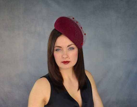 Elegant Women\'s Pillbox Hat-Design Burg Color Burgundy Maroon Pillbox Style Faux Wool Felt Fascinator Base  main image 4