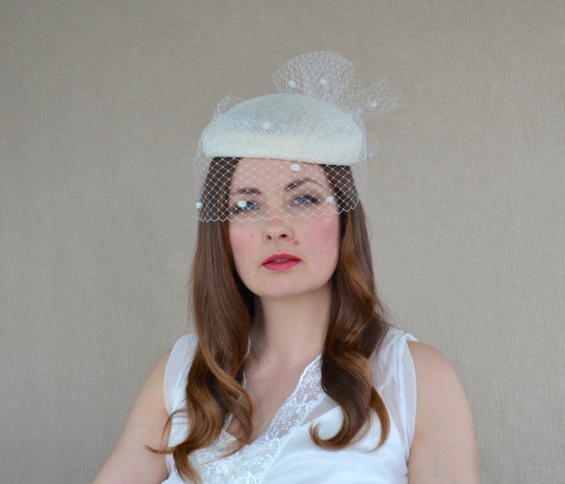 Ivory Pillbox Hat With Birdcage Veil Cream Fascinator Etsy