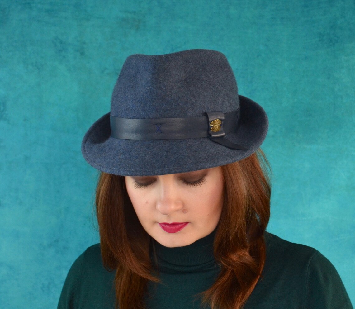 Denim Blue Trilby Hat with Leather Ribbon Blue Fedora Hat Etsy