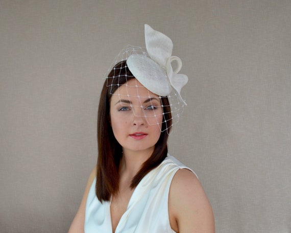 Ivory Bridal Pillbox Hat With Birdcage Veil - Ivory Fascinator