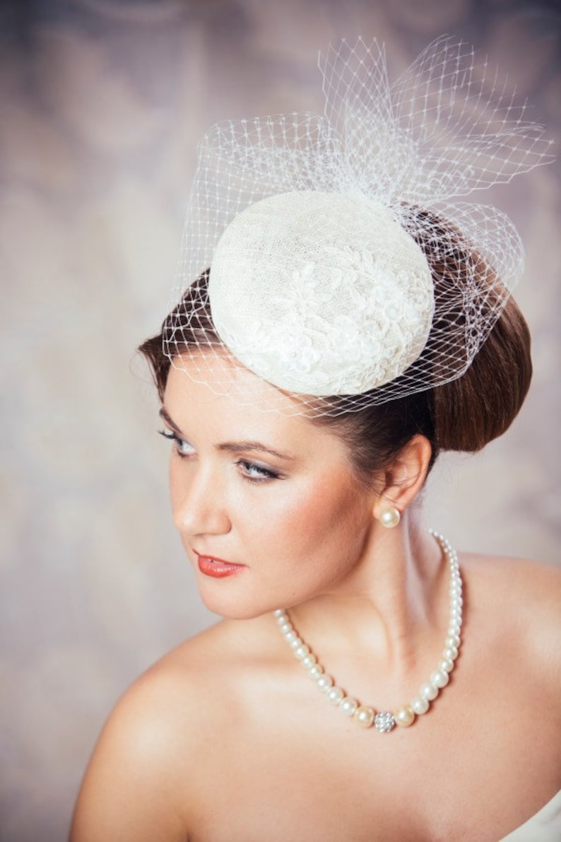 Cream Bridal Pillbox Hat Fascinator with Birdcage Veil Etsy