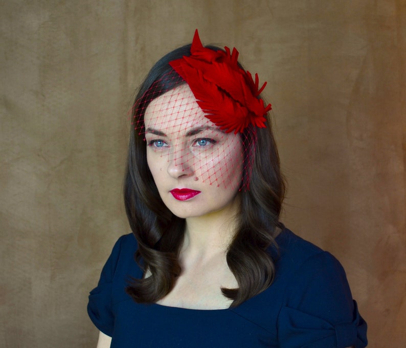 Red Felt Fascinator With Feathers and Birdcage Veil Red Etsy