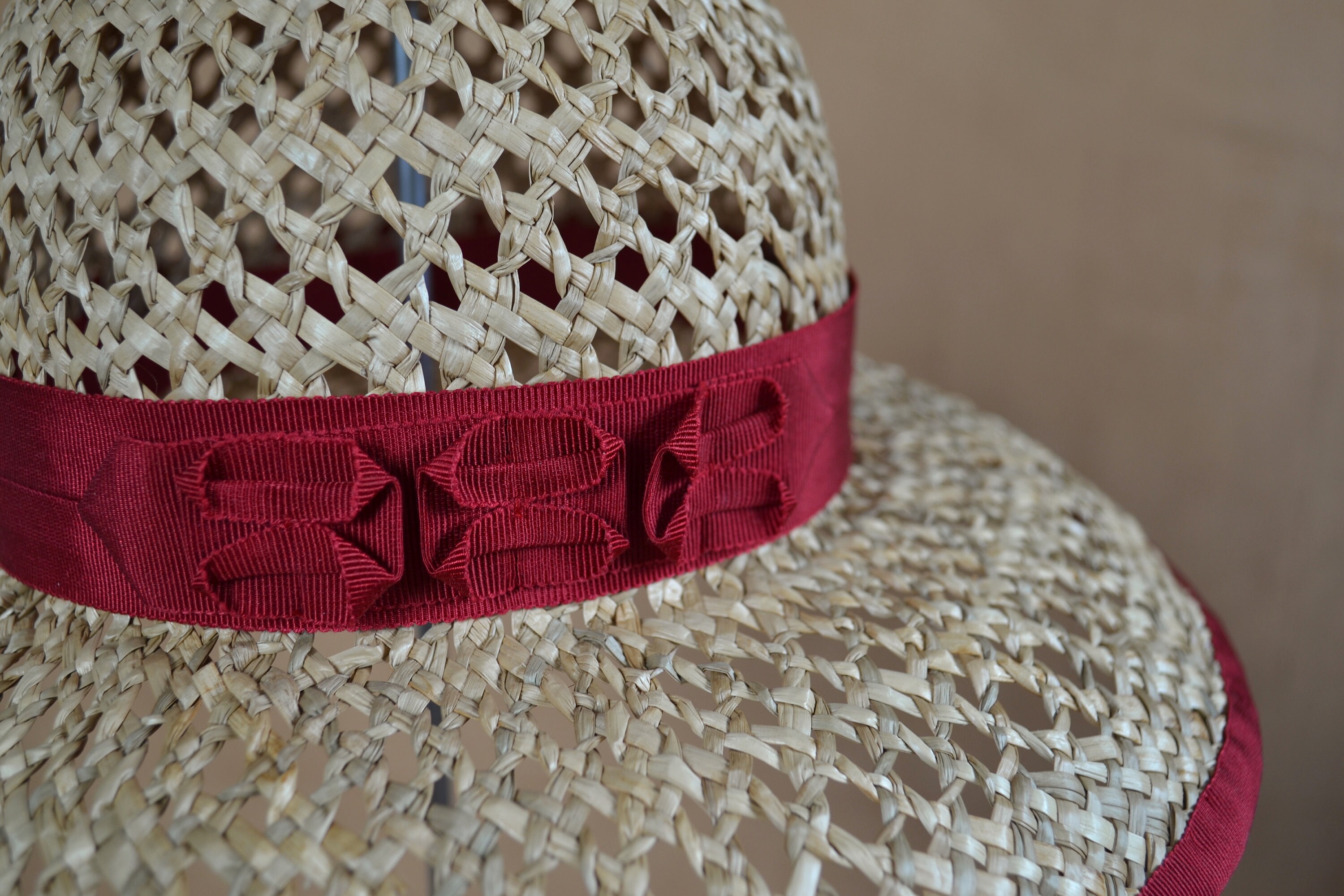 Summer Straw Hat With Red Pleated Ribbon - Sun Hat - Summer 