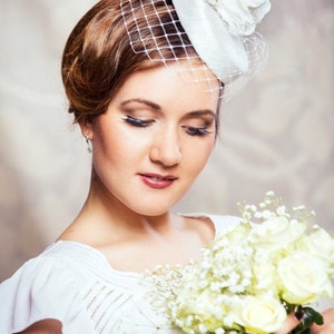 White Bridal Pillbox Hat with Birdcage Veil and Silk Flowers White Bridal Fascinator White Wedding Hat White Birdcage Veil Hat image 2