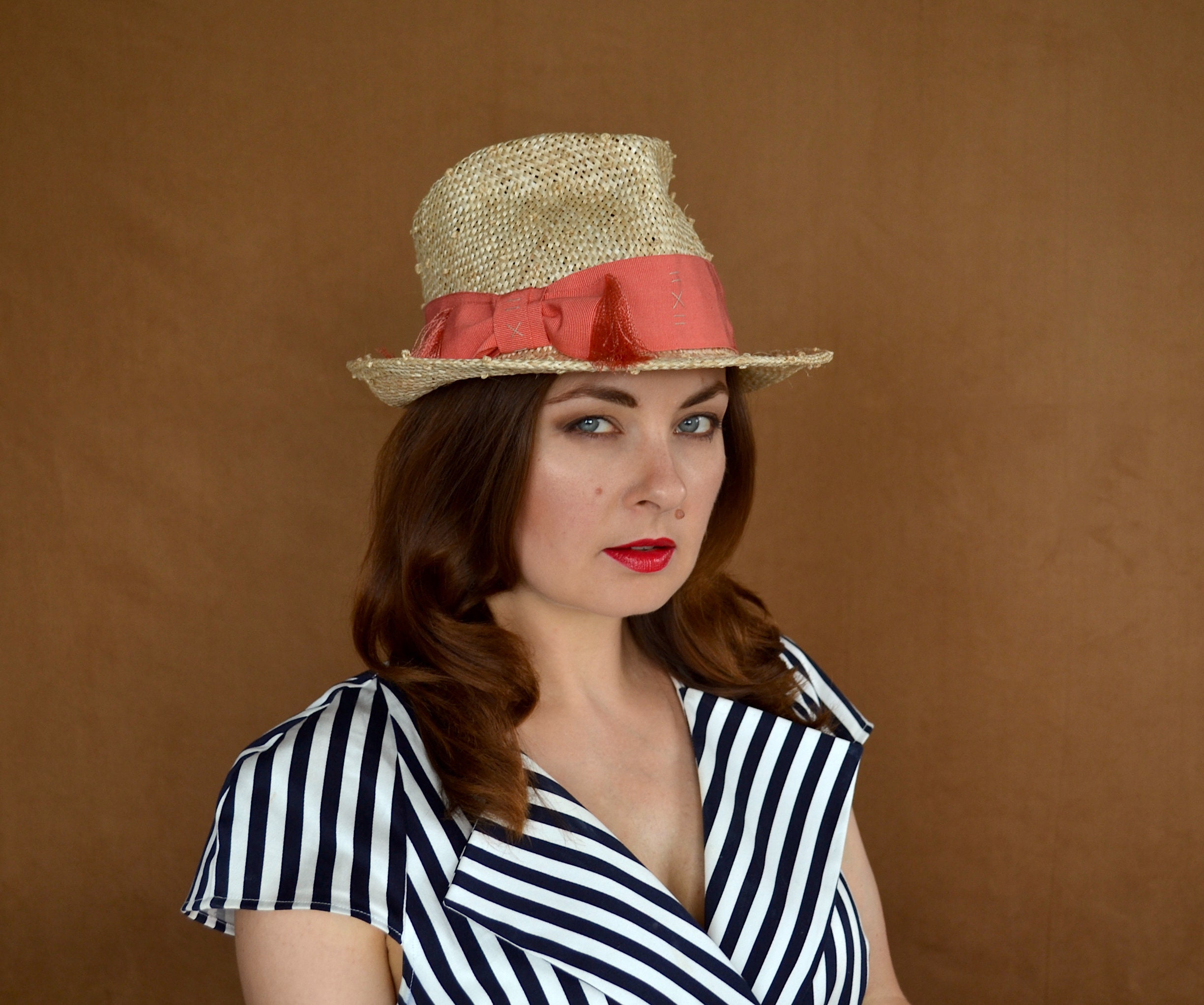 Knot Straw Fedora Hat With Coral Petersham Ribbon - Sun Hat  display picture 3