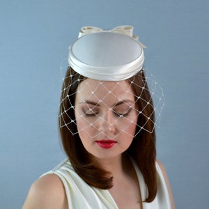 Ivory Duchess Silk Bridal Pillbox Hat with Removable Birdcage Veil - Bridal Hat - Ivory Pillbox Hat - Bridal Veil Fascinator - Wedding Hat