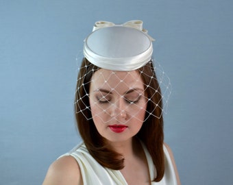 Ivory Duchess Silk Bridal Pillbox Hat with Removable Birdcage Veil - Bridal Hat - Ivory Pillbox Hat - Bridal Veil Fascinator - Wedding Hat