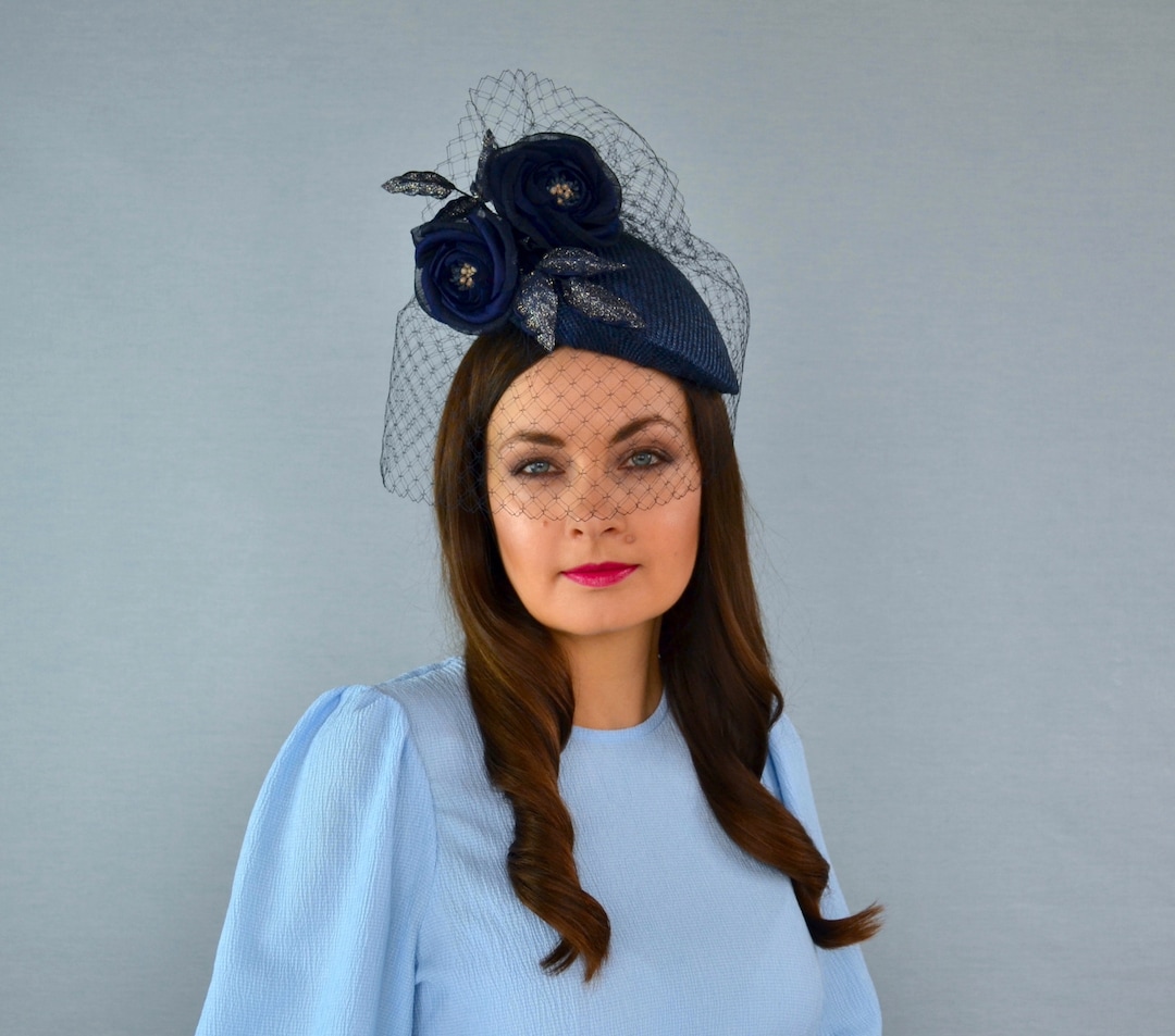 BELLINDA - Navy Blue Pillbox Hat With Vintage Birdcage Veil and