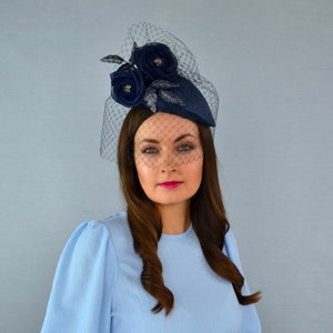 BELLINDA - Navy Blue Pillbox Hat with Vintage Birdcage Veil and Silk Flowers - Navy Pillbox Hat - Mother of the Bride Hat - Navy Fascinator