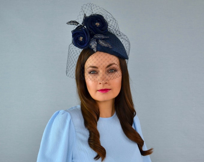 Vintage 1940s Pinehurst Pillbox Hat, Blue Hat With Veil, Sequined and