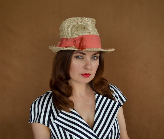 Knot Straw Fedora Hat With Coral Petersham Ribbon - Sun Hat  display picture 3