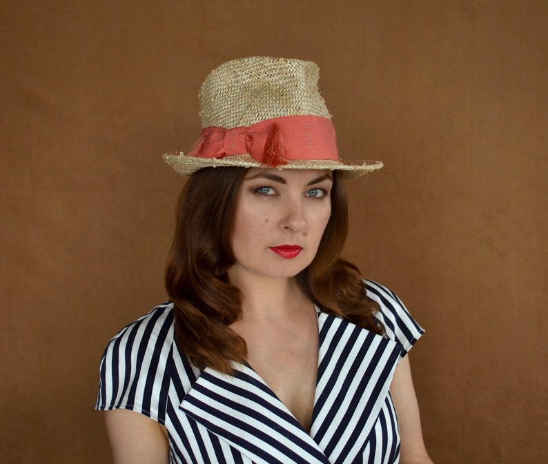 Fedora Hat Summer Hat Kentucky Derby Hat Sun Hat Knot Straw Fedora Hat with Coral Petersham Ribbon Elegant Hat Straw Fedora Hat