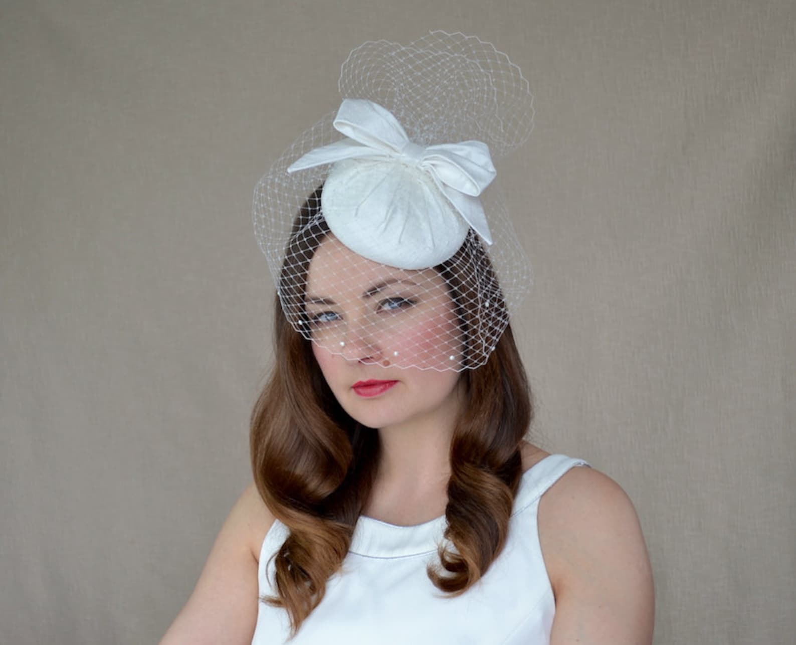 Bridal Pillbox Hat with Birdcage Veil and Bow White Bridal Etsy