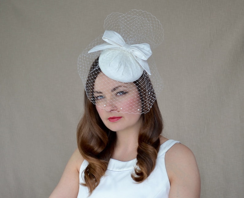 Bridal Pillbox Hat With Birdcage Veil and Bow White Bridal Etsy