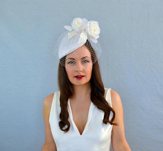 VALERIE - Bridal Pillbox Hat With Birdcage Veil and Roses 