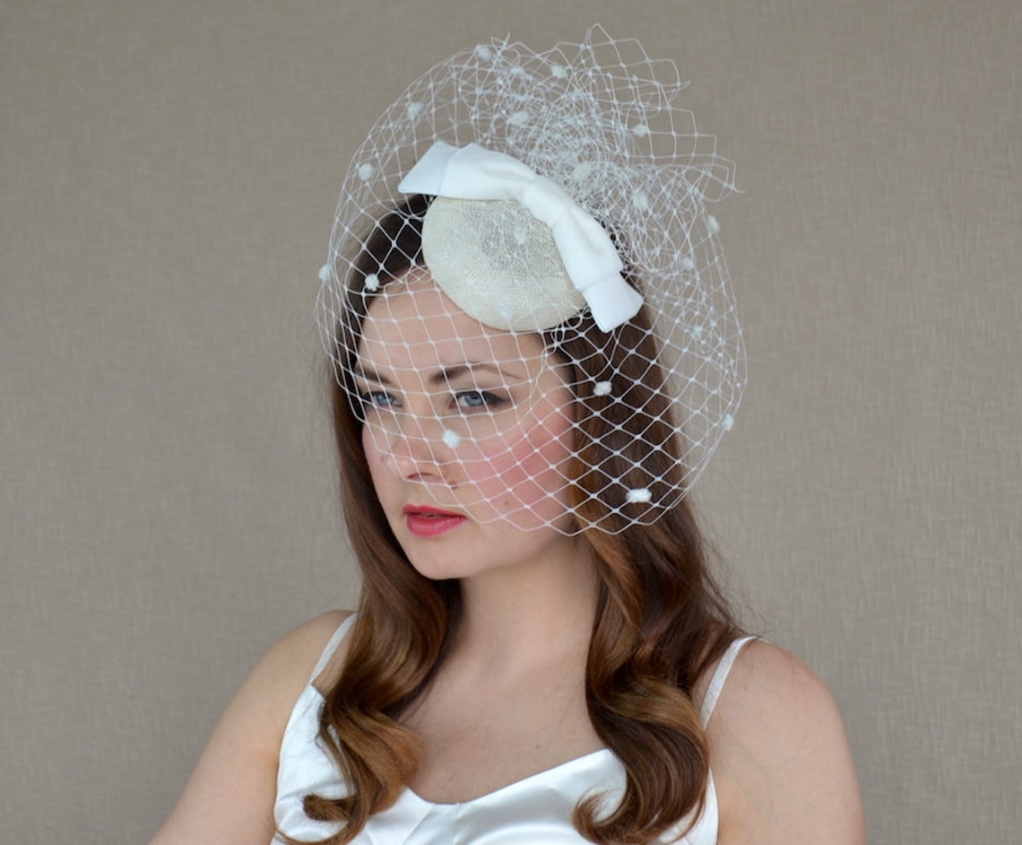 Cream Pillbox Hat with Birdcage Veil and Velvet Bow Ivory Etsy