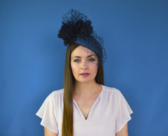 Navy Blue Pillbox Hat With Birdcage Veil and Silk Flowers  display picture 1
