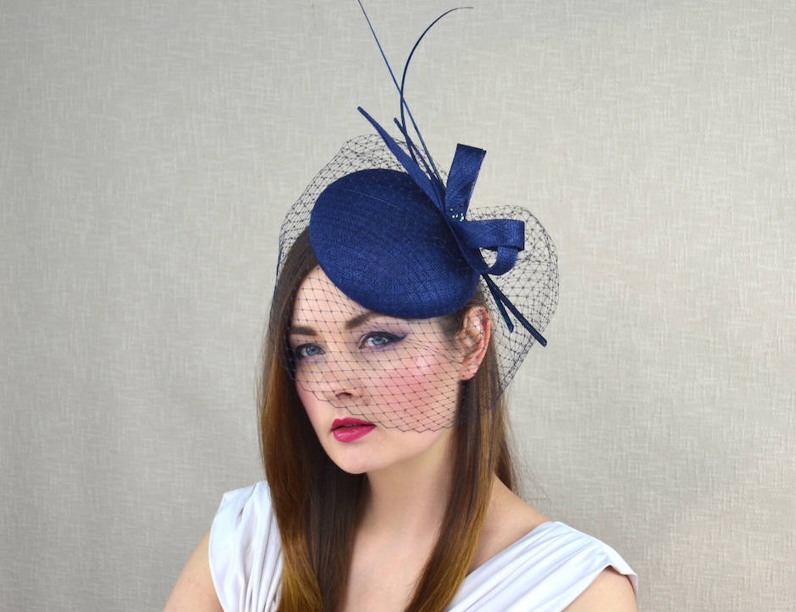 Navy Blue Pillbox Hat With Birdcage Veil and Quills Dark Etsy