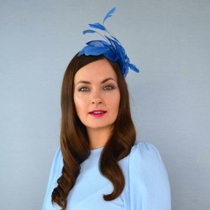 Royal Blue Sinamay and Feather Fascinator - Blue Fascinator - Art Deco - Bridesmaid Fascinator - Wedding Guest Headband - Blue Headband