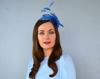 Royal Blue Sinamay and Feather Fascinator - Blue Fascinator - Art Deco - Bridesmaid Fascinator - Wedding Guest Headband - Blue Headband