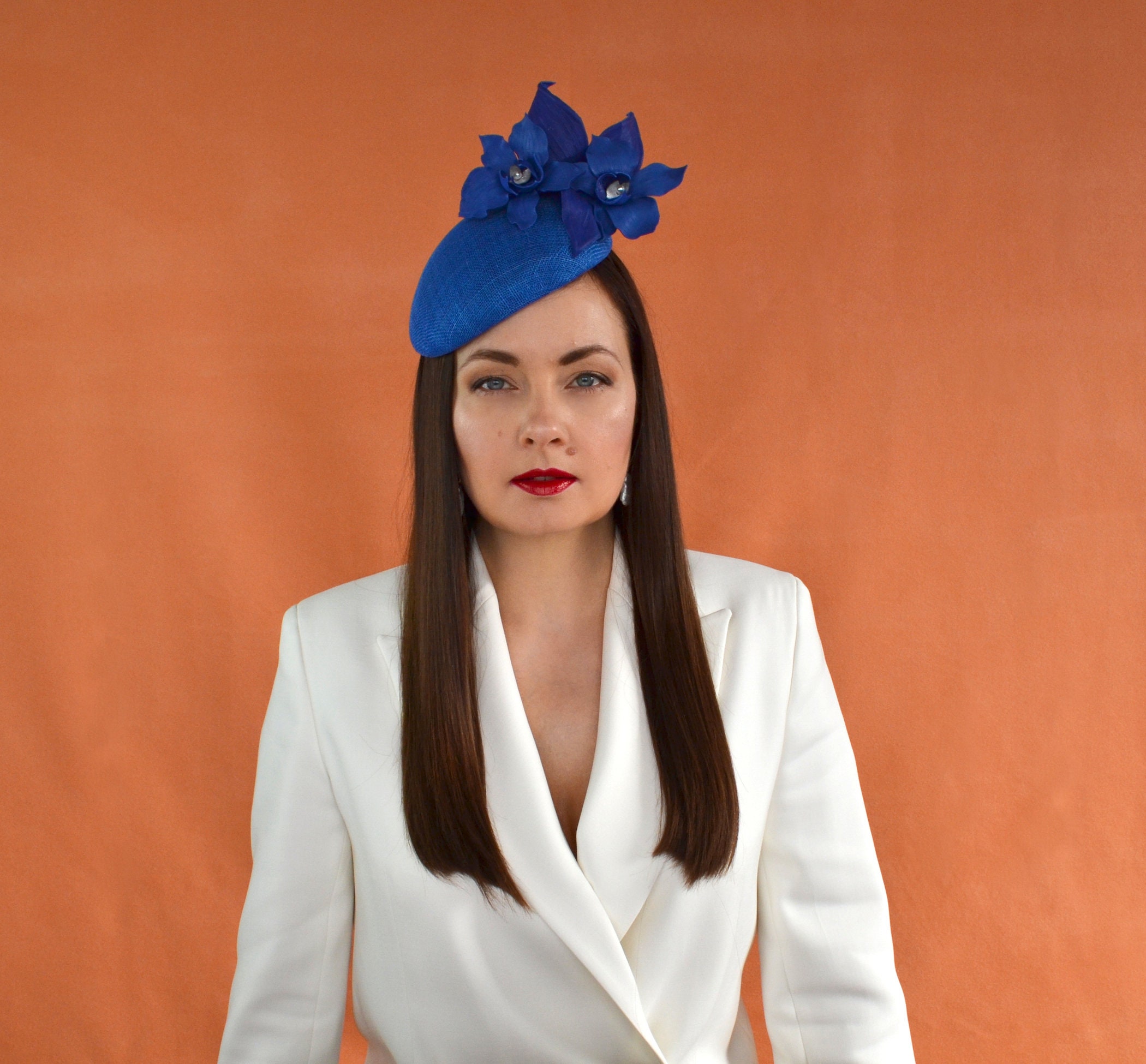 RAQUEL – Royal Blue Pillbox Hat With Leather Orchids - Blue  display picture 1