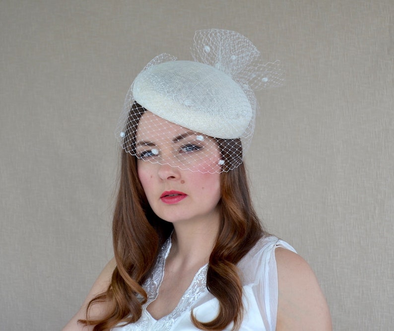 Ivory Pillbox Hat With Birdcage Veil Cream Fascinator Etsy