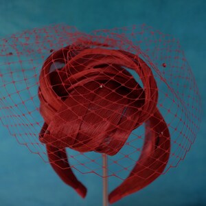 Red Turban Headband with Birdcage Veil Deep Red Headband Red Turban with Veil Red Fascinator Removable Birdcage Veil Red Headband image 10