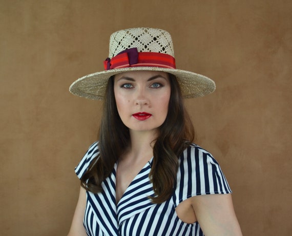 Summer Straw Hat With Red Striped Ribbon - Sun Hat - Summer  display picture 1