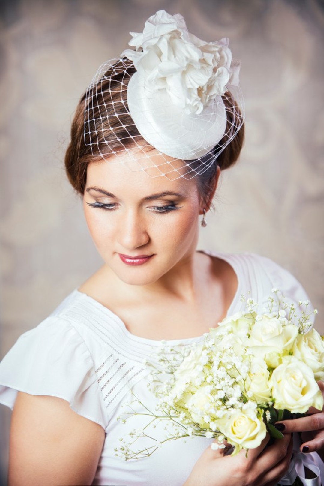 White Bridal Pillbox Hat With Birdcage Veil and Silk Flowers