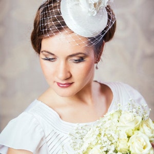White Bridal Pillbox Hat with Birdcage Veil and Silk Flowers - White Bridal Fascinator - White Wedding Hat - White Birdcage Veil Hat