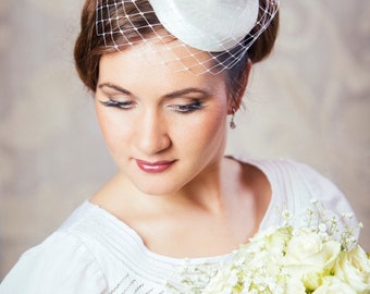 White Bridal Pillbox Hat with Birdcage Veil and Silk Flowers - White Bridal Fascinator - White Wedding Hat - White Birdcage Veil Hat
