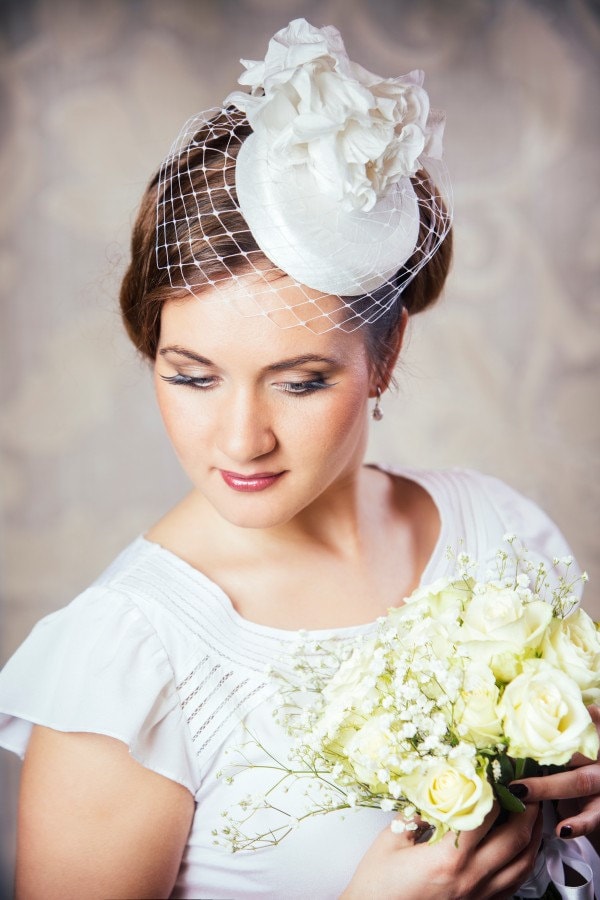 White Bridal Pillbox Hat With Birdcage Veil and Silk Flowers