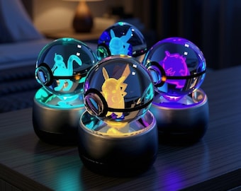 3D Crystal Poke Ball Lamp, LED Crystal Sphere Night Light, Laser Engraved Glass Decor, Anime Inspired Gift, Gamer Desk Decor