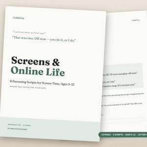 Guiones para padres sobre el tiempo frente a la pantalla (imprimibles) / Qué decir cuando termina el tiempo frente a la pantalla / Seguridad en línea, juegos, aplicaciones / Calma y firmeza (5-12 años) (PDF)