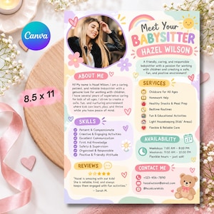 May include: A colorful 8.5 x 11 inch babysitter flyer template featuring a photo of a young woman, the text Meet Your Babysitter Hazel Wilson, sections for About Me, Services, Skills, Availability, and Contact Me, decorated with hearts and flowers.