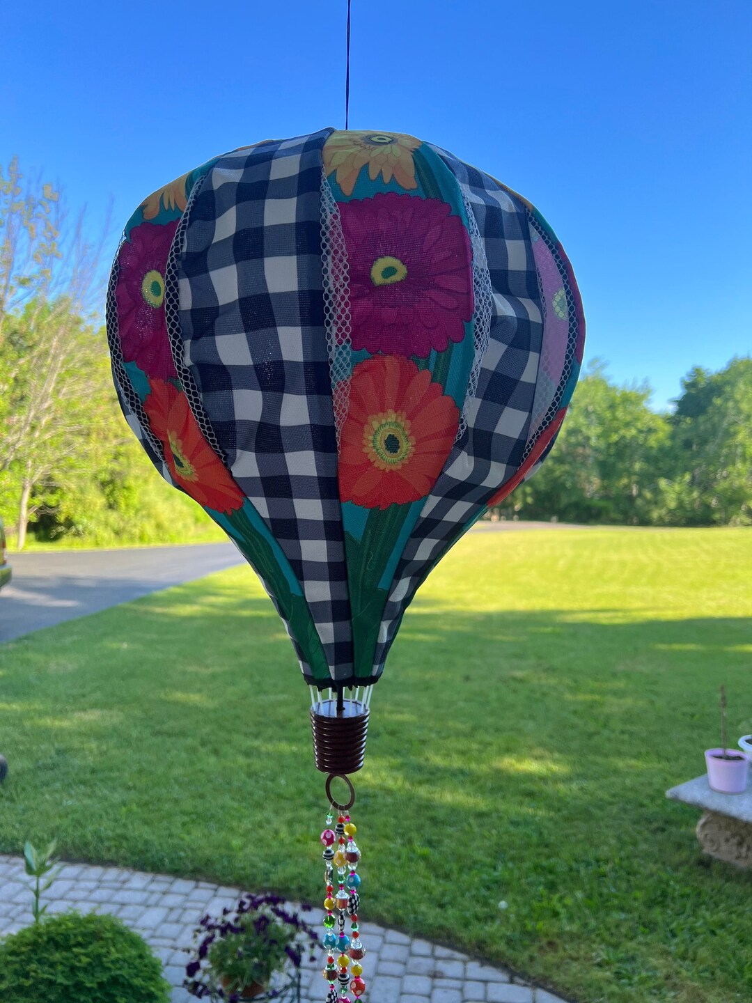 Hot Air Balloon Garden Wind Ornament Black & White Check Hand Beaded