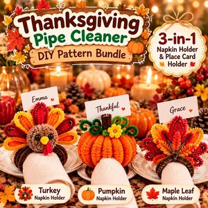 Mönster för servetthållare till piprensare till Thanksgiving, kalkonpumpa, lönnlöv, 3-i-1 DIY PDF-handledning, höstbordsdekoration
