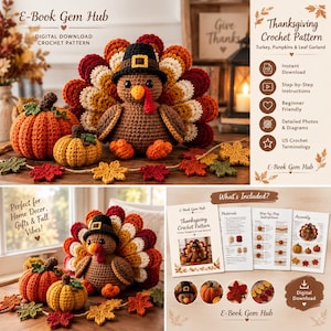 Virkmönsterpaket för Thanksgiving: Kalkon, pumpor, lövgirlang (PDF)